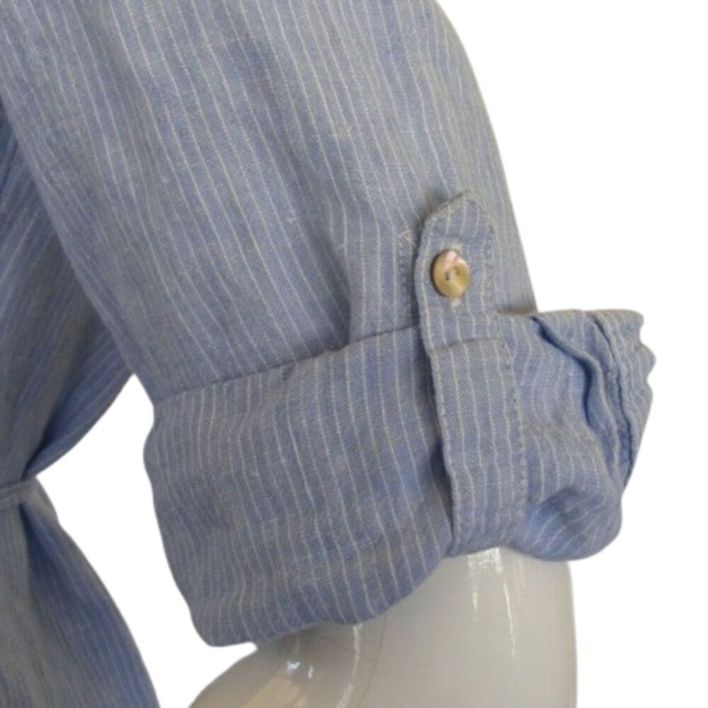 MALVIN Linen Dress, M, Blue, thin white stripe, Mini, Pockets, Sash belt - Picture 3 of 14